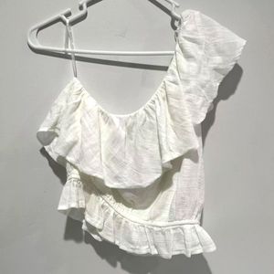 American Eagle Outfitters Womens White One Shoulder Crop Top Gauzy Size S NWOT